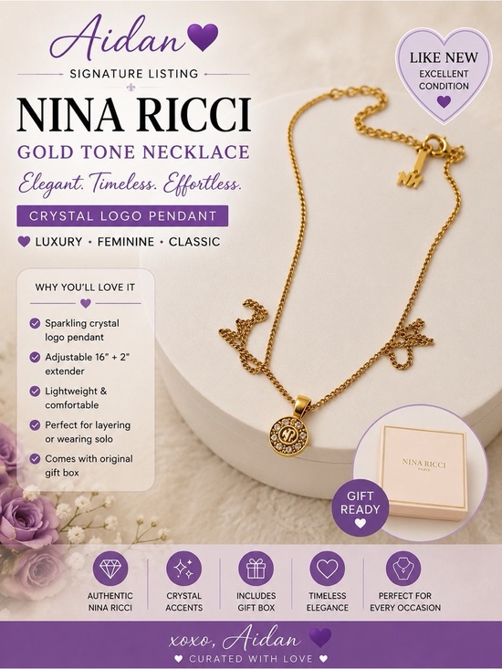Nina Ricci Jewelry - Nina Ricci Gold Tone Crystal Logo Pendant Necklace 16” + 2” Extender